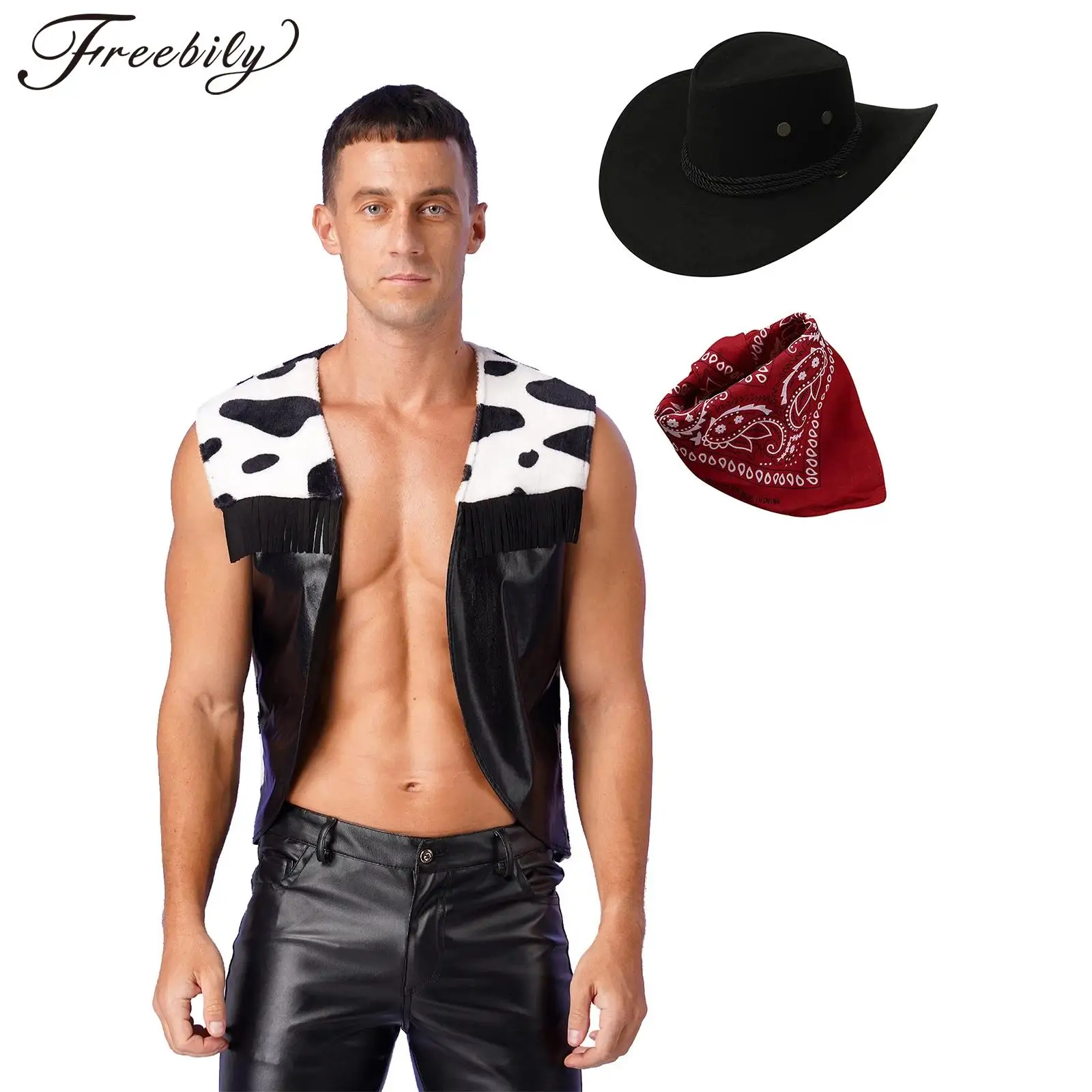 

Men Western Cowboy Cosplay Costume Cow Print Open Front Vest with Bandanna Drawstring Hat for Halloween Carnival Theme Party