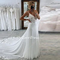 Customized Elegant Deep V Neck Wedding Dress 2025 Lace Appliques Backless A-Line Wedding Gown Sleeveless Tulle Vestido De Noiva 1