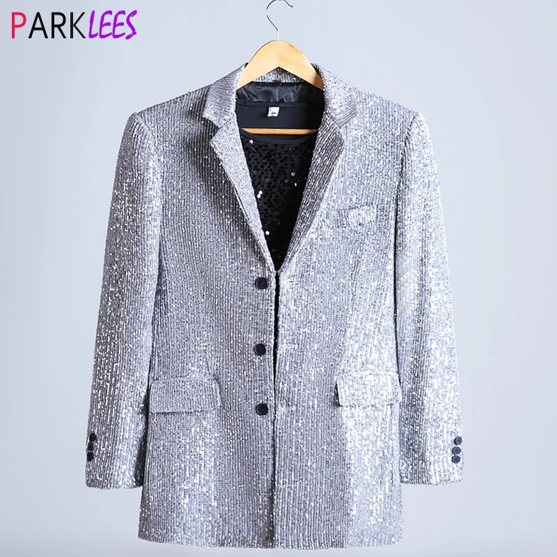 

Shiny Silver Sequins Glitter Suit Jacket Men Slim Fit Single Breasted Mens Dress Blazers Stage Prom Dancer Singer Costume Homme