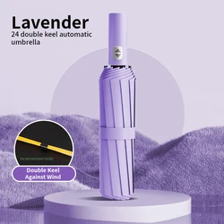Windproof Automatic UV Protection Large Travel Umbrella - 24 Bone, Double Canopy, 3-Fold Design, (24 Ribs lavender)
