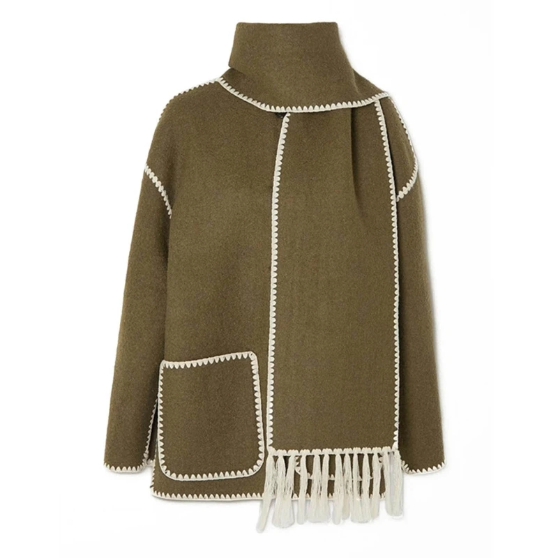 Fashion Loose Wool Coat With Scarf Women Elegant Pockets Long Sleeve Warm Dropship