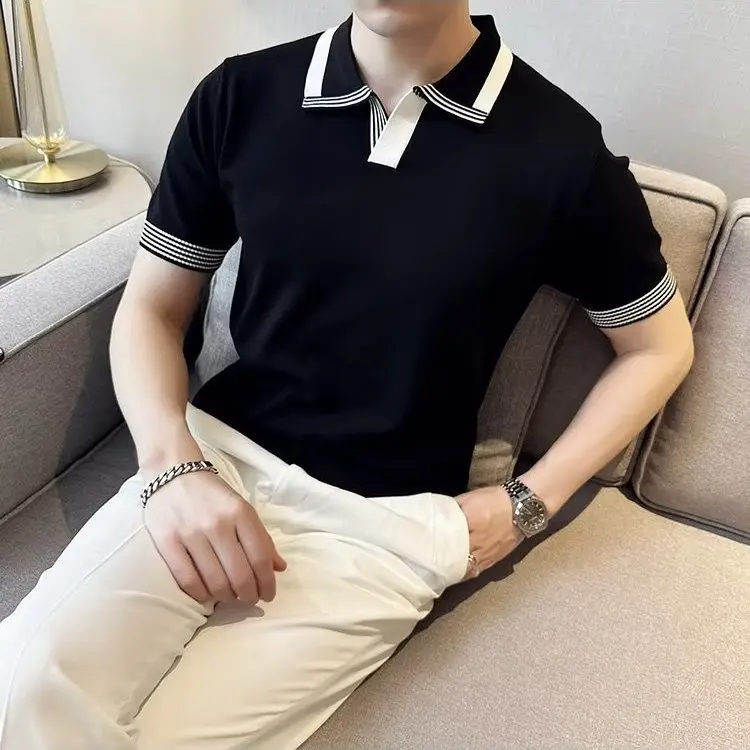

2023 Summer Knit Lapel Polo-shirt Polo British Turn Down Neck Contrast Color Casual Slim Polo Men's Shirt Man Polos X18