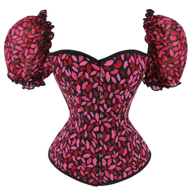 

New Print Sleeved Women's Court Waist Tied Body Support Chest Shaping Clothing Sexy Lingerie Shape Corset Boned Bustier Top