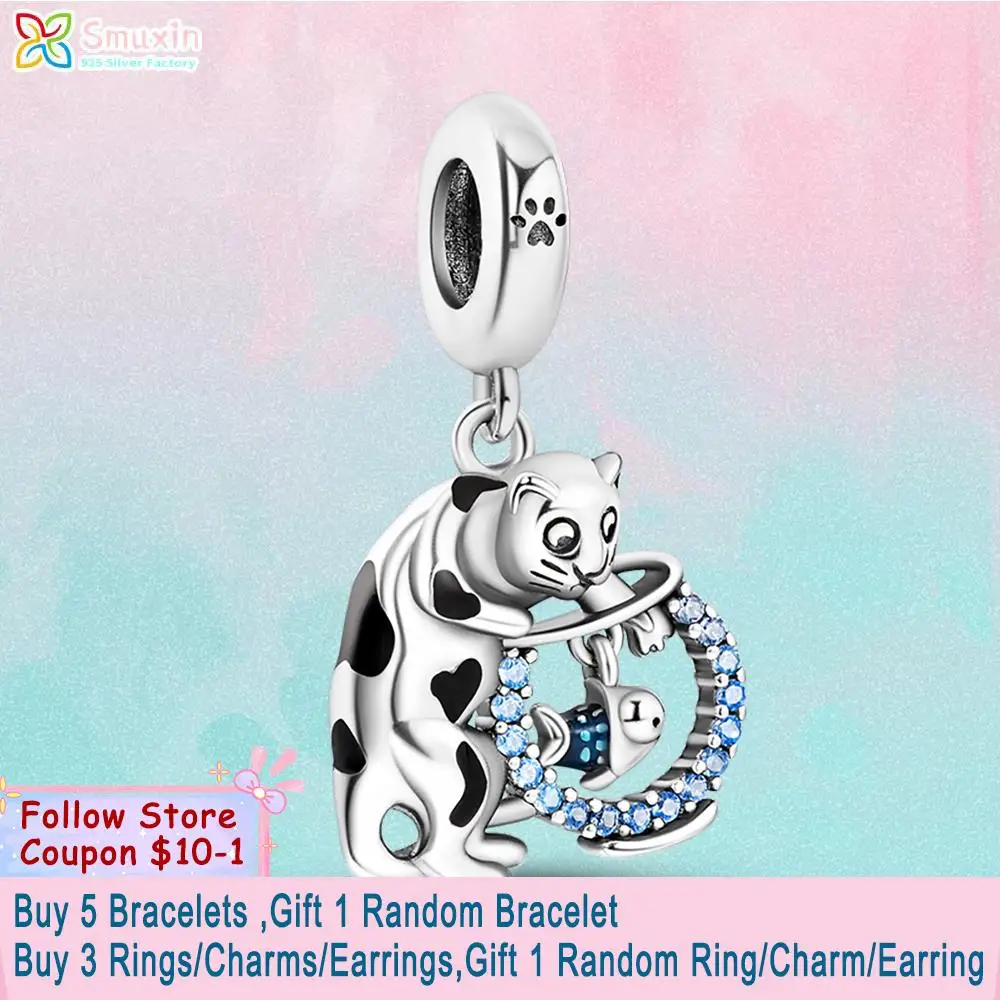 

Smuxin 925 Sterling Silver Beads Cats Catch Fish Dangle Charm fit Original Pandora Bracelets for Women DIY Jewelry Making