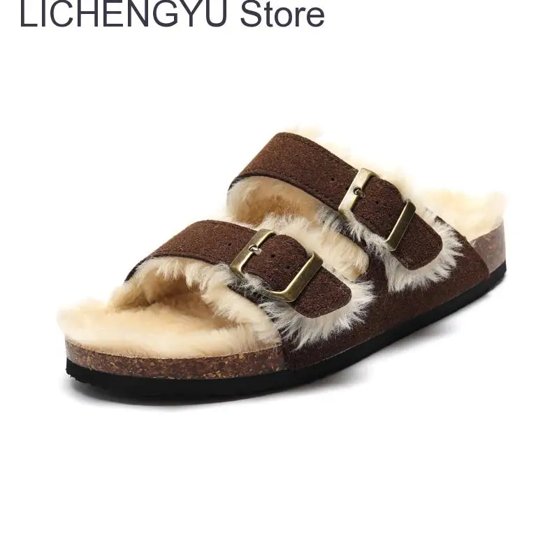 New Fur Inside Cork Slipper Autumn Winter Women Casual Nubuck Leather Outside Men Buckle Soft Plush Slides Shoe