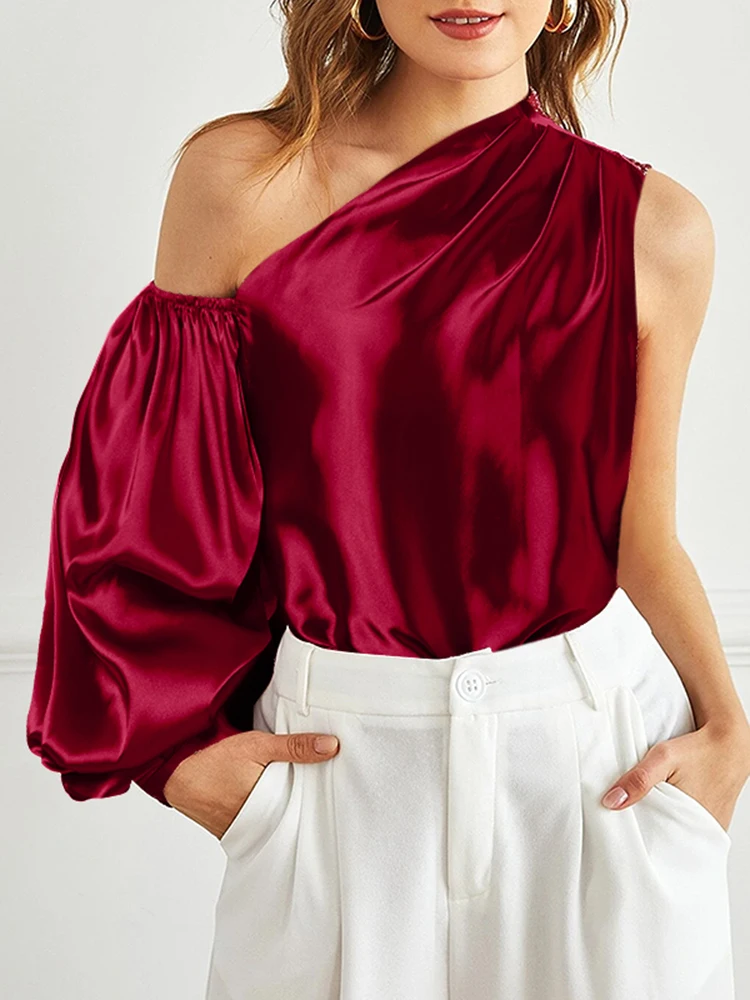 Celmia Sexy Satin One Shoulder Blouse 