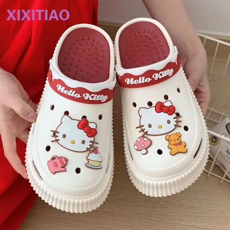 

Новые милые женские летние Нескользящие туфли Hello Kitty Cinnamoroll Kuromi My melody из ЭВА с дырками на толстой подошве