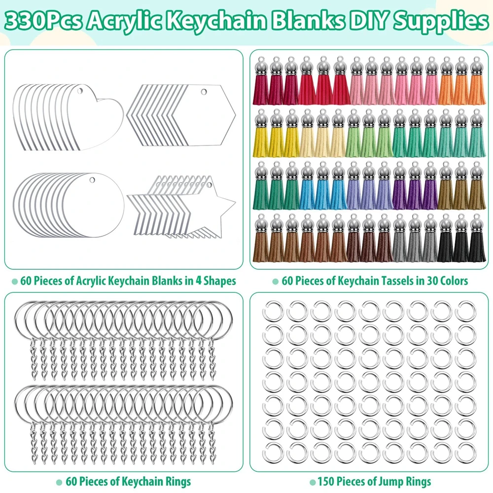 330pcs Acrylic Keychain Blanks 4 Shapes Clear Acrylic Blanks for vinyl bulk Key Chain Tassels Chain Rings for DIY Keychain