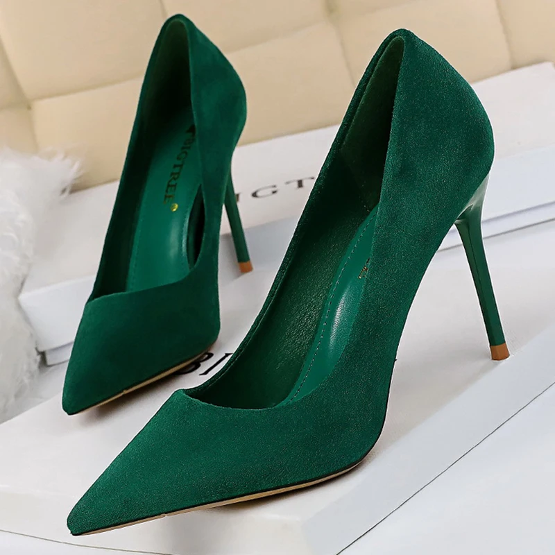 2022 Women 9cm High Heels Red Pumps Plus Size Stripper Suede Escarpins Lady Wedding Bridal Heels Scarpins Green Blue Prom Shoes