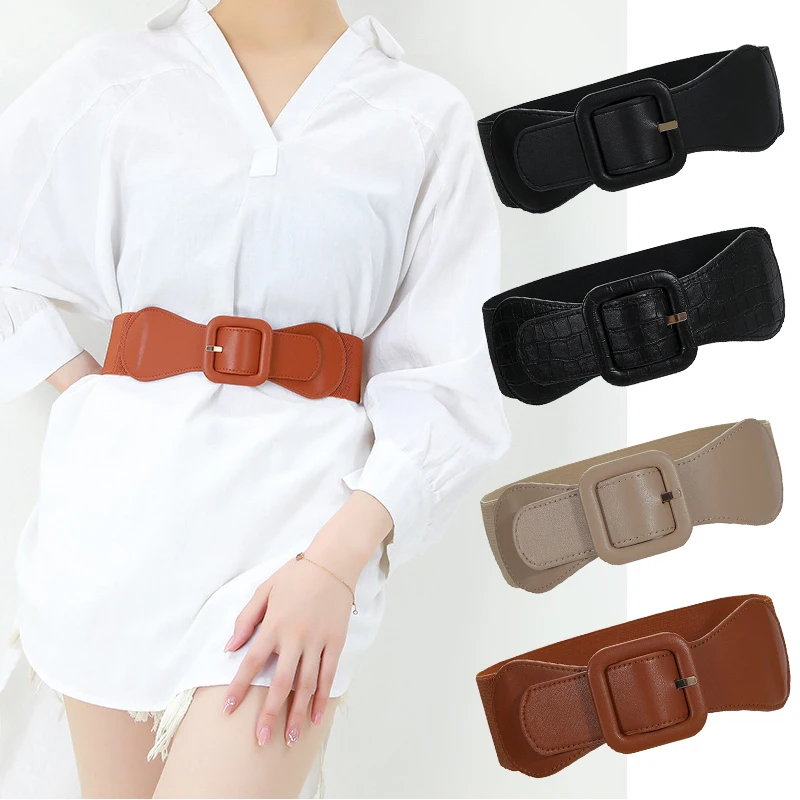 

PU Leather Corset Belt Elastic Wide Waistbelt With Square Pin Buckle Fashion Dress Shirt Coat Waist Belt Decor For Ladies