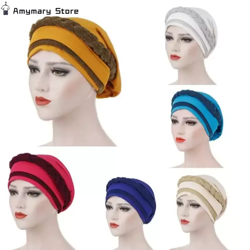 New Bright Wire Braided Turban Women Islamic Inner Hijab Caps Muslim Headscarf Chemo Hat Headwrap Beanies Hair Accessories muslim baby girl hair clips for kids bow hairpins infant princess accessories toddler outdoor barrette cloth side pin haarklem