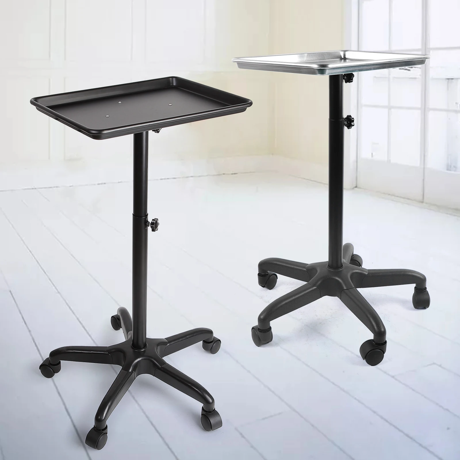 Salon Tray，Height Adjustable Salon Tray on Wheels Hair Color ServiceTray for Salon Spa Dental Medical Tattoo Black/Silver