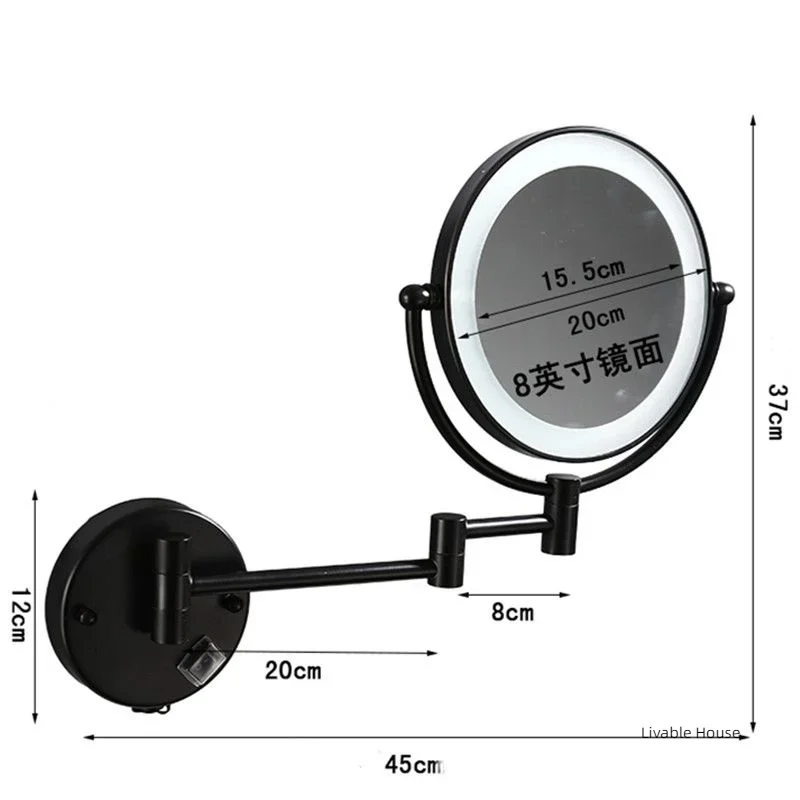 bathroom Makeup Mirrors Black/Brushed Gold Brass Wall Extending Folding Double Side LED Light Mirror Magnification Bath Mirror 6