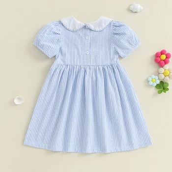 Child Girl Summer Striped A-Line Dress with Doll Collar Short Sleeves and Nautical Embroidery Detail 1