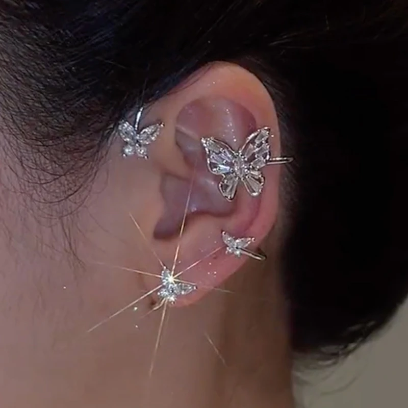 Butterfly Feather Ear Clips Without Piercing For Women Sparkling Zircon Ear Cuff Clip Earrings Wedding Jewelry