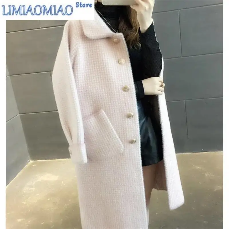 New Autumn Winter Golden Sable Knitted Cardigan Women's Sweater Medium Long Thick Loose Coat Coat Coat Woolen Plaid Large