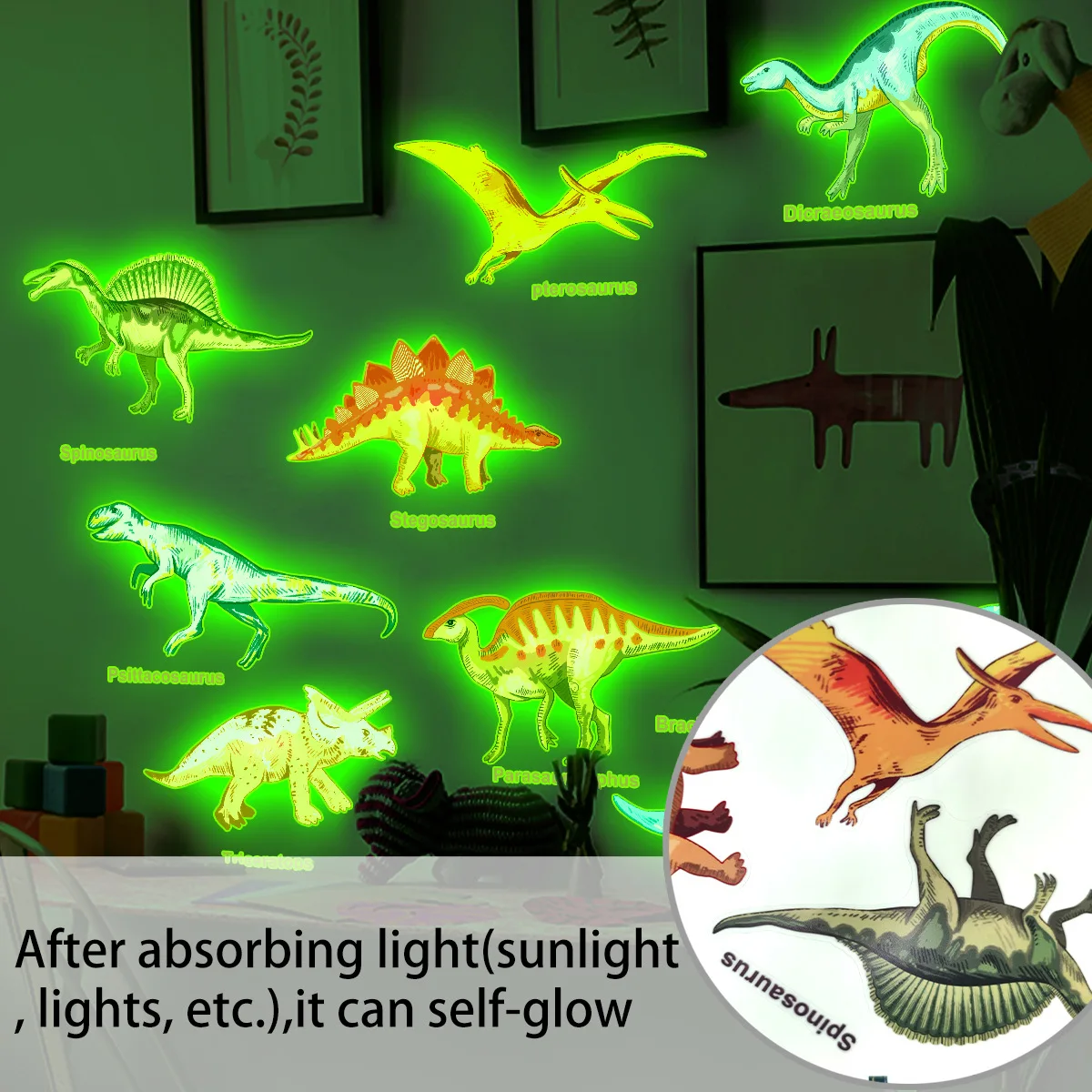 Glow-in-the-Dark Cartoon Hand-Drawn Dinosaur Wall Stickers - 3Pcs/Set (20x30cm) Cute Animal Fluorescent Decals for Kids' Room