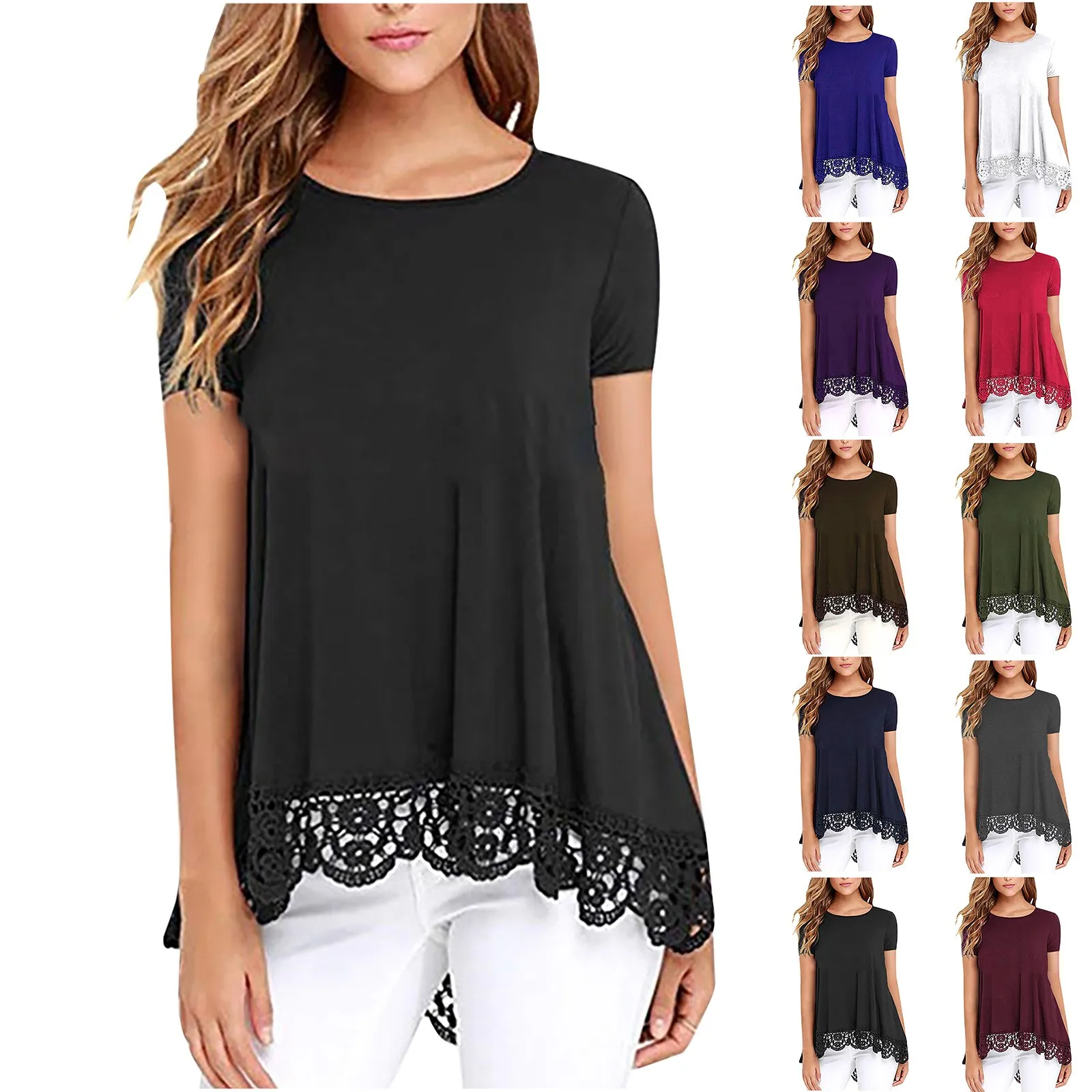 Women Casual O-Neck Printing Short Sleeve Loose Hem Lace Patchwork Tops Tunic Blouse