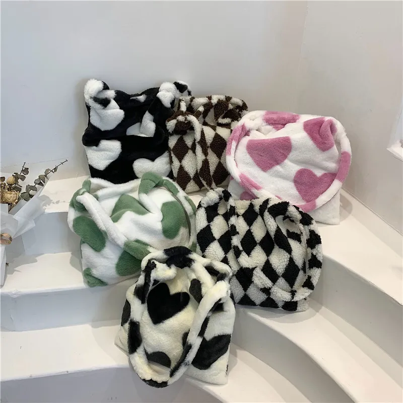 

2023 New Plaid Fashion Shoulder Bag Korean Plush High-capacity Tote Bag Casual Sweet Girl Crossbody Bag Simple Bolsas De Mujer