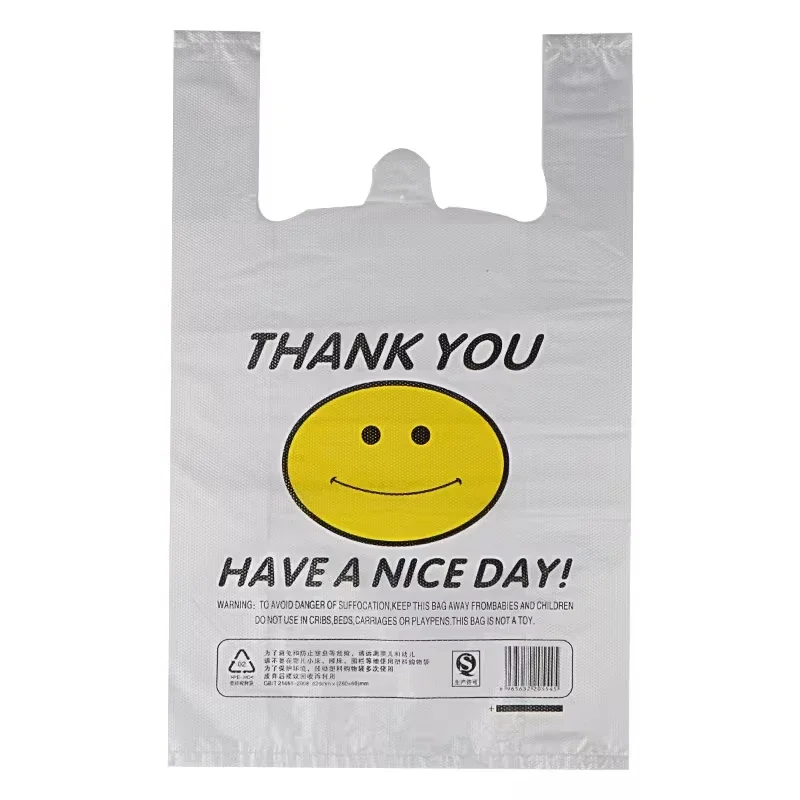 100/50 Pcs Plastic Food Storage Bags With Handle Transparent Shopping Fresh-keeping Carry Out Bags Smile Gift Kitchen Accessory