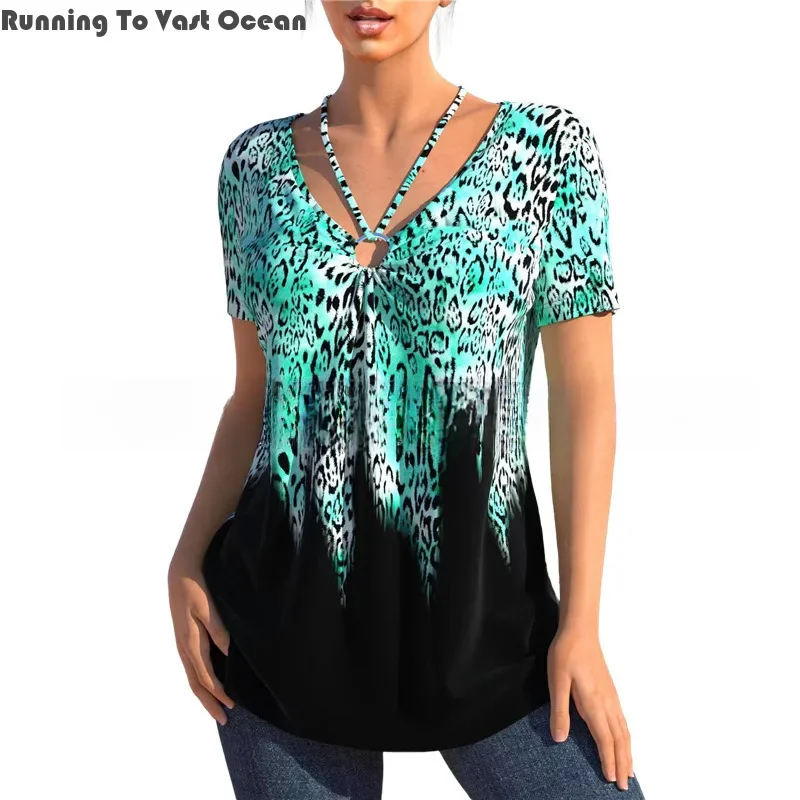 

2024 New Summer Trendy Women's T-shirt Comfortable Casual Loose Fit Popular V-neck Pullover Printed Leopard Street Trendsetters