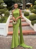 Ribbon Hanging Neck Long Dresses Slanted Shoulder Lace Up Backless Silky Satin Temperament Slim Fit Halter Woman Fishtail Dress 1