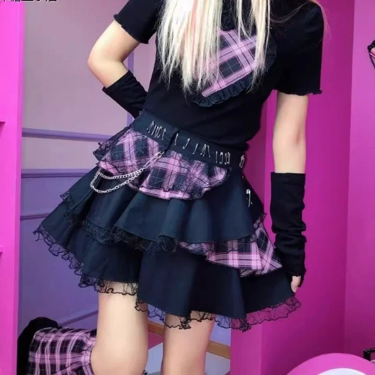 女性用サブカルチェックスカート、ハラジュクレースケーキ