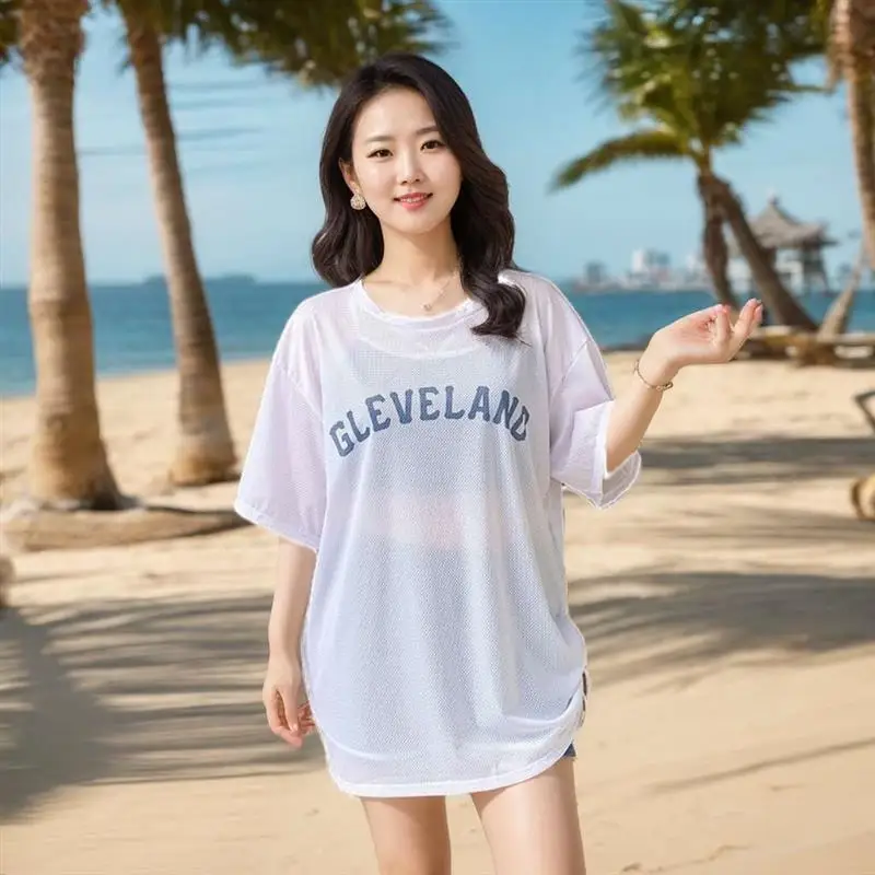 plus Size Women's Swimsuit Tee Piece Set Beach Vaion Sun Protection Swimwear Slimming Cover up Casual Separate Bikini