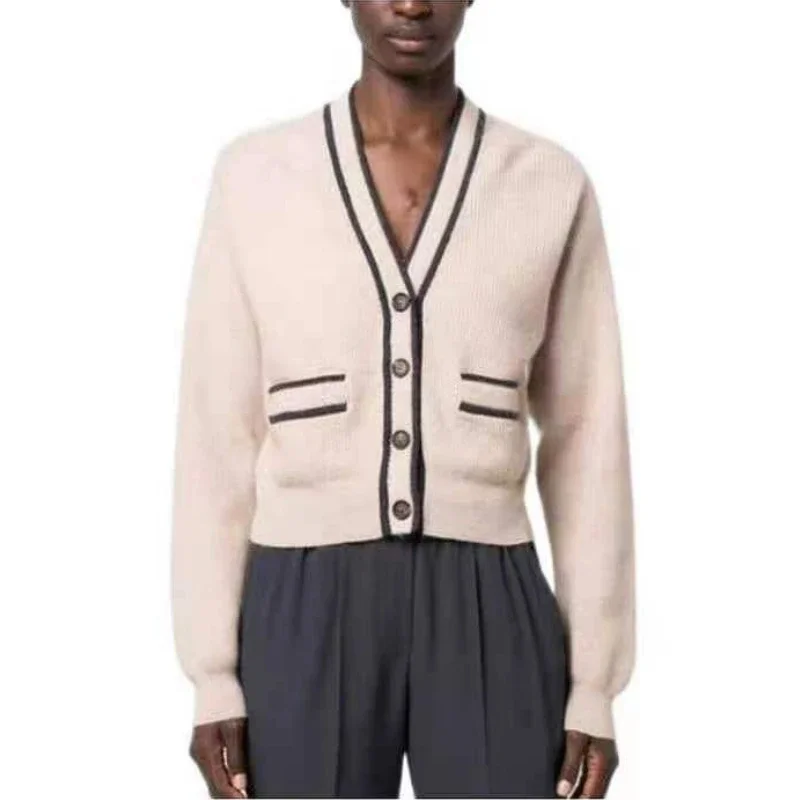 

2023 New Autumn Women Contrasting Color V-neck Cashmere Comfortable Knitted Cardigan Jacket