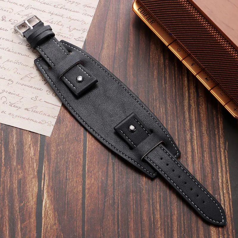 Vintage Cowhide Leather Cuff Watch Strap with Rivet Detailing