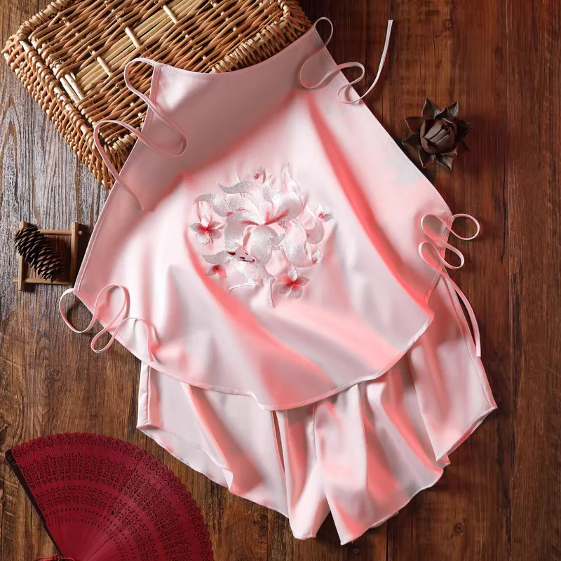 Pigiama Estivo Donna 2 Pezzi In Raso - Set Loungewear Con Stampa Floreale E Papillon - Canottiera Cami Top E Pantaloncini - Rosa, Blu
