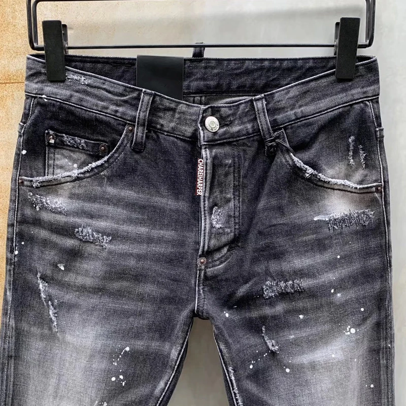 Chareiharper 930  New Tatty Paint Splash men's slim Fit Stick Fabric Stretch jeans Blue Leggings 4