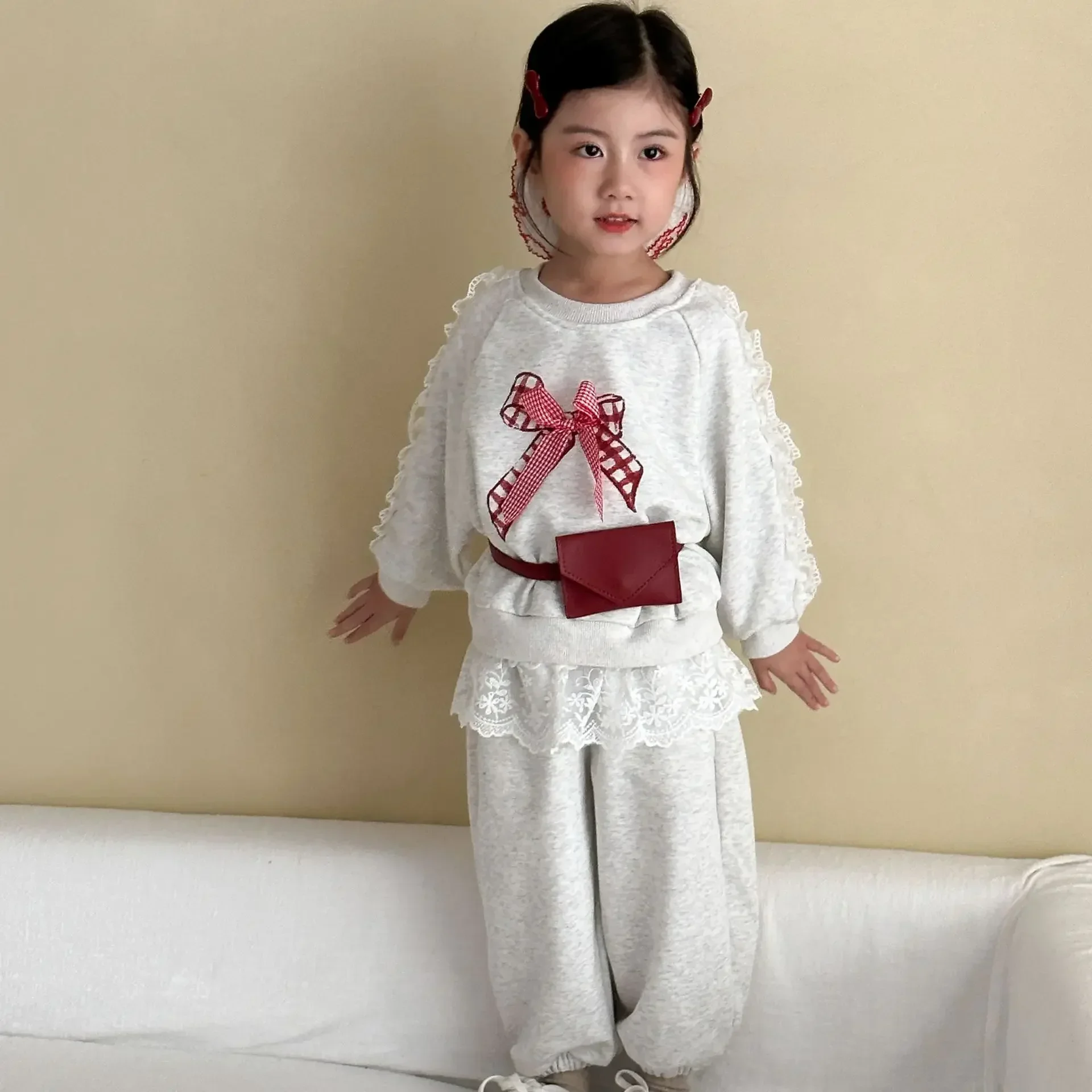 Autumn New Girls Clothing Set Bow Decoration Hoodie And Lace Pants 2 Pcs Girls Hoodie Suit Sweet Sports Set