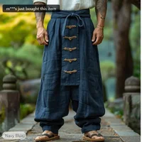 Robes ethniques décontractées en coton et lin, pantalons à jambes larges pour hommes, couleur unie, pantalons plissés confortables et tendance, Streetwear pour hommes 1