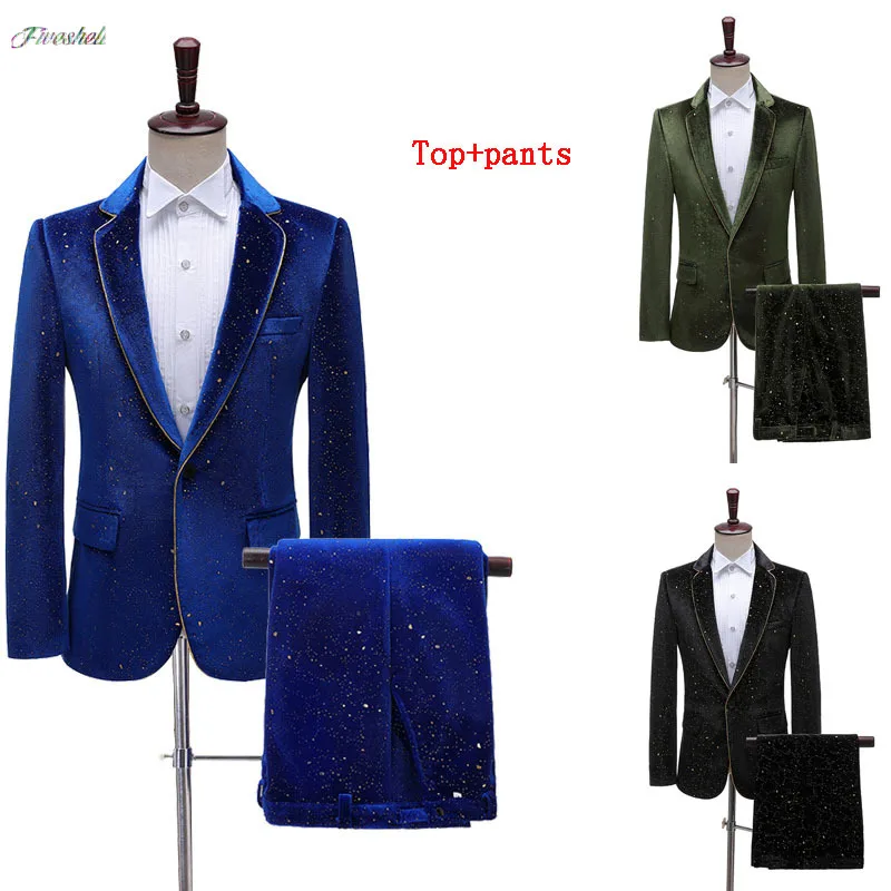 

Royal Blue Velvet Tuxedo Suit Male Wedding Groom Dress Suits Pants Mens One Button Peak Lapel Dinner Party Costume Traje Hombre