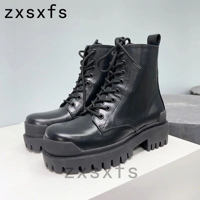 

Hot Black Real Leather Platform Ankle Boots For Women Thick Sole Lace Up Brand Short Boots Ladies Shoes Designer Winter Boots