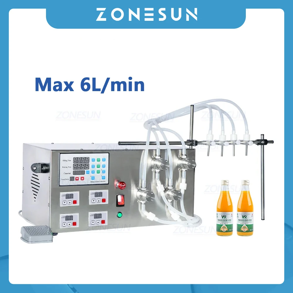 

ZONESUN Liquid Filling Machine 4 Head Magnetic Pump Electric Semi-Automatic Juice Drink Soya Milk Vinegar Bottle Filler ZS-YTMP4