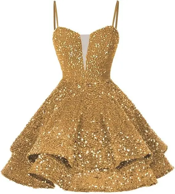 Spaghetti Strap Cocktail Gown Short Mini Skirt Sequined Party Dresses