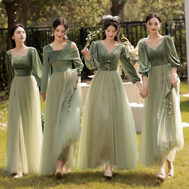 Korean Corduroy Lace Splicing Style Bridesmaid Dresses Summer New Green  Evening Dresses Women's Fairy Long Sleeve Dress - AliExpress