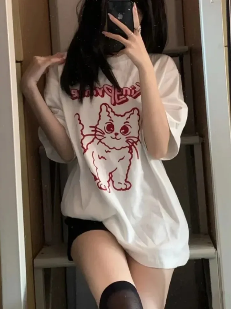 

ADAgirl Cartoon Cat Pattern T Shirt Women Summer Kawaii Print Short Sleeve Tee Japan Cutecore Y2k Top for Aesthetic Clothes New