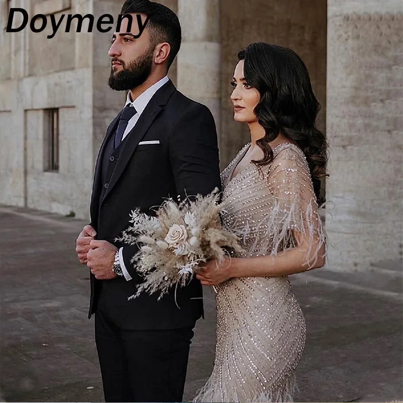 

Doymeny Luxury Prom Dress for Women Beaded Feathers V-neck Mermaid Cocktail Formal Evening Party Gowns vestido de galaفساتين الس