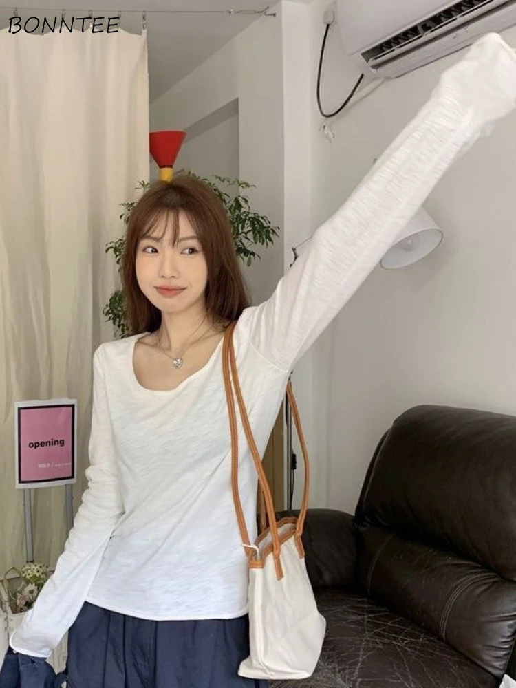 

Long Sleeve T-shirts Women Simple Solid Designed Casual Basics Korean Style All-match Graceful Stylish Temperament Ladies Cute