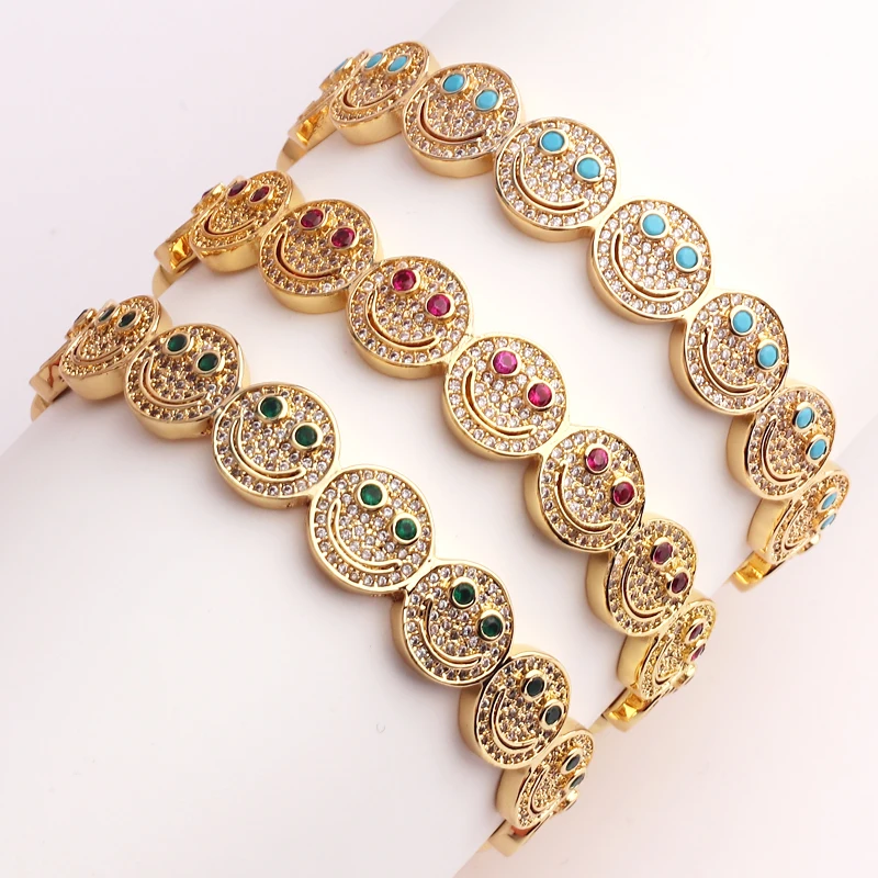 2023 New Simple Smile Smiley Bracelet Copper Gold Plated Cubic Zirconia Round Smile Cuff Bracelet Women's Classic Party Gift 24k plated gold women s bracelet bridal flower bud bracelet bracelet wedding party exquisite gold jewelry birthday gift