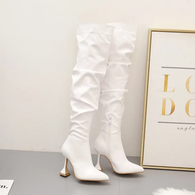 Winter Leather Boots Women Stiletto Pointed Toe Heeled Knee Boots Wine Glass Heel Side zipper Thigh Gigh Booties,women high heel boots