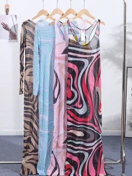 Elegant Print Mesh Long Dress For Women Sexy Deep O-neck Sleeveless Perspective Maxi Dress Lady Summer Chic Beach Robes 1