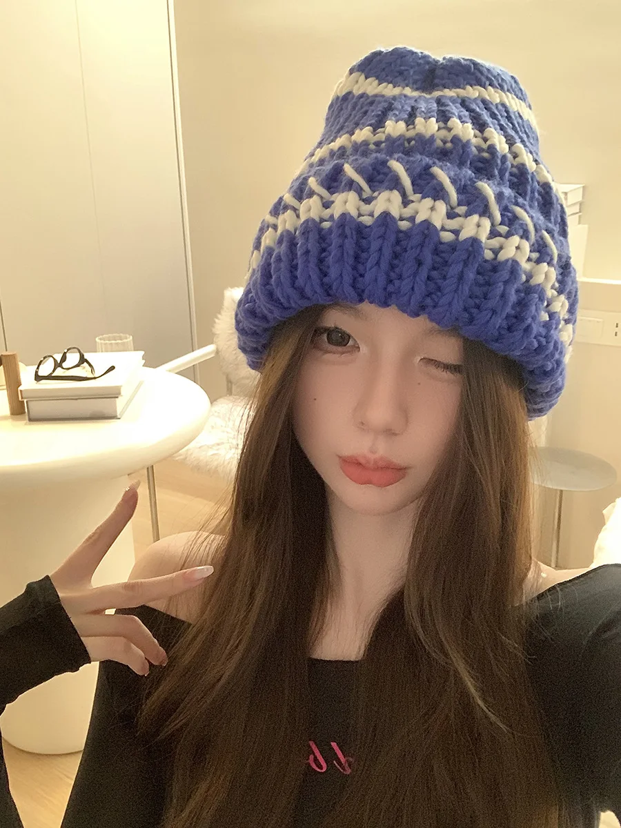 Gebreide beanie muts dames gestreept dik winter warm retro stijl_voghion.com