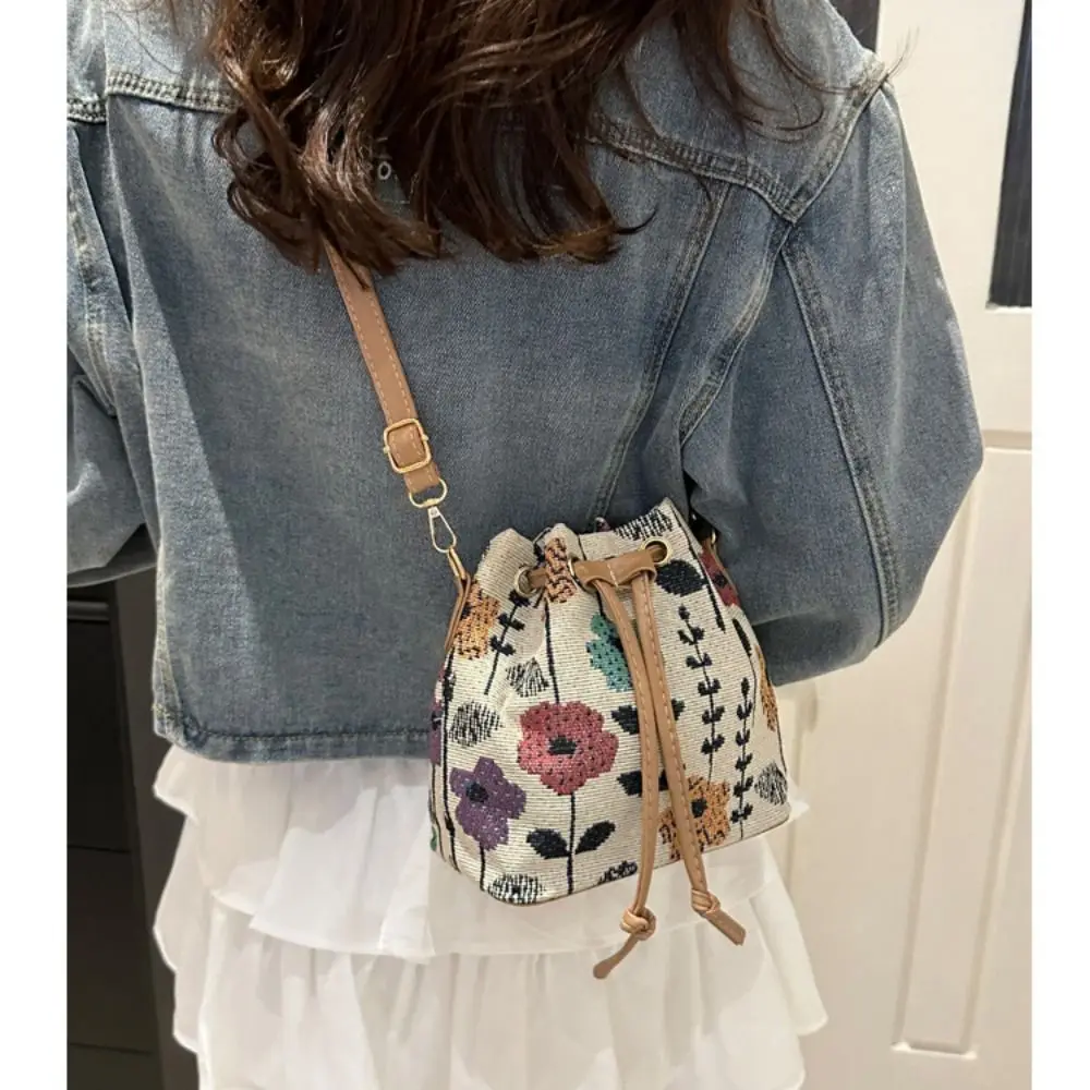 Women Linen Fabric Bucket Bag Fashion Crossbody Bag Messenger Bag Ethnic Style Floral Handbag Shoulder Bag Large Ladies Purses - Image 3