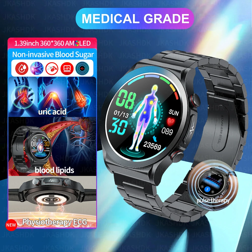 

2023 New Pulse Therapy Uric Acid Non invasive Blood Glucose Smart Watch Men Blood Lipid Blood Oxygen Blood Pressure Smartwatch