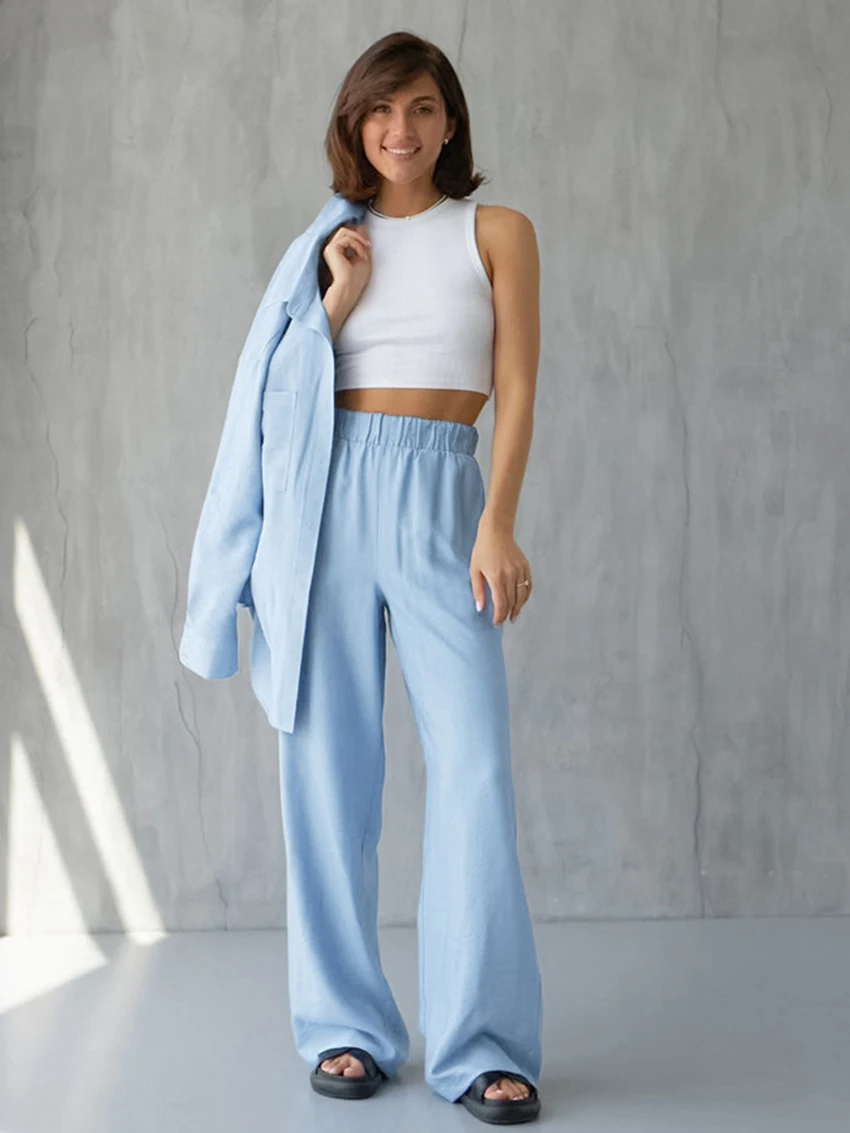 Marthaqiqi Autumn Femme Pajama 2 Piece Suit Turn-Down Collar Nightwear Long Sleeve Nightgown High Waist Pants Ladies Nightie Set