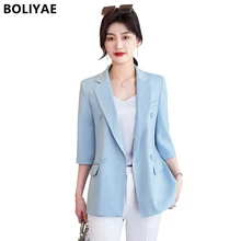 

New Office Ladies Solid Color Women Blazer Spring Autumn Jacket Business Formal Overalls V Neck Middle Sleeve Casual Suits Coat